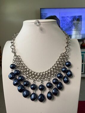 Classic Navy Pearl Drop Statement Necklace - Women Jewelry